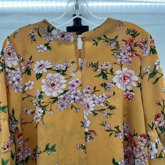 Kirious Women's Floral Cut Out Neck Top Mustard/Multi Short Ruffle Sleeve Large - Picture 7 of 9